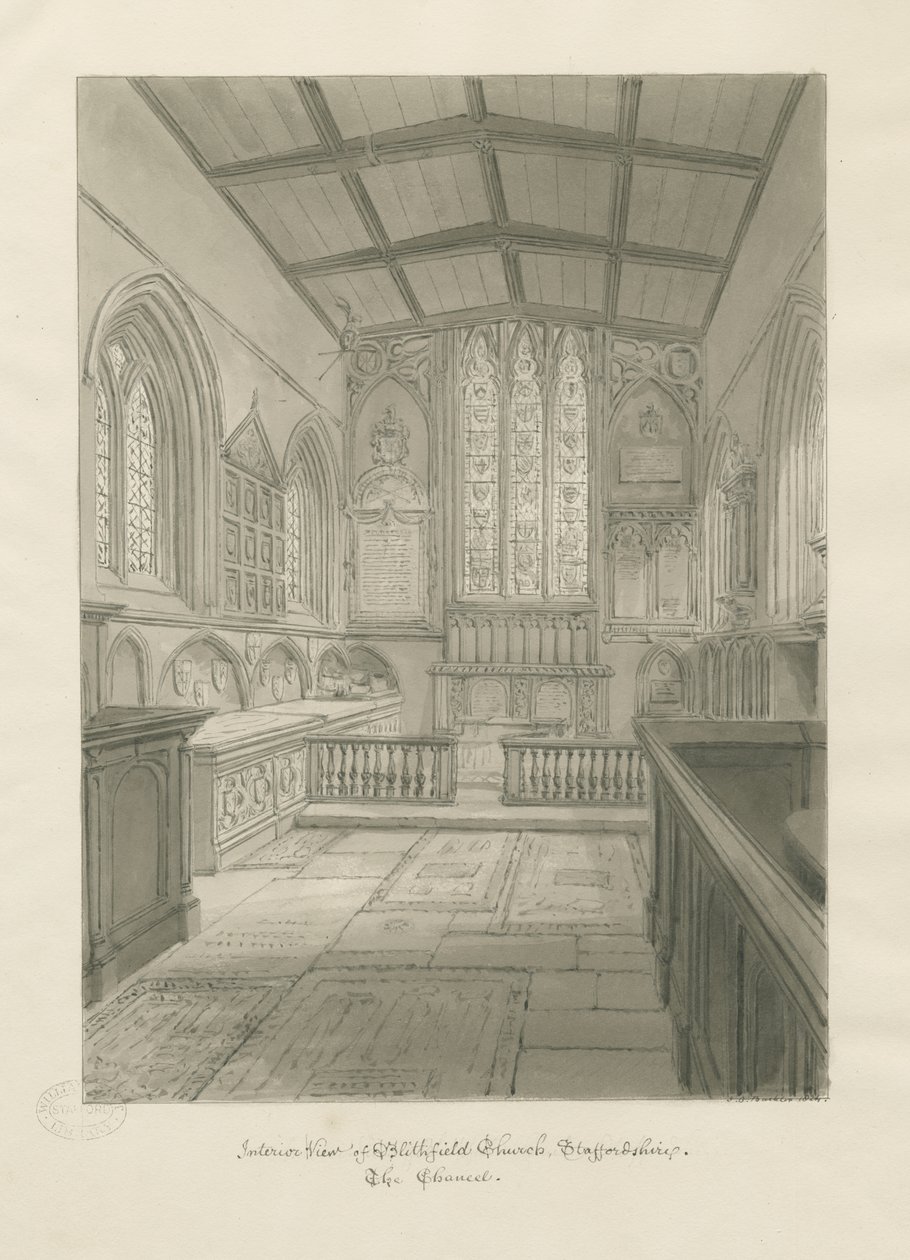 Interieur van de kerk van Blithfield door John Chessell Buckler