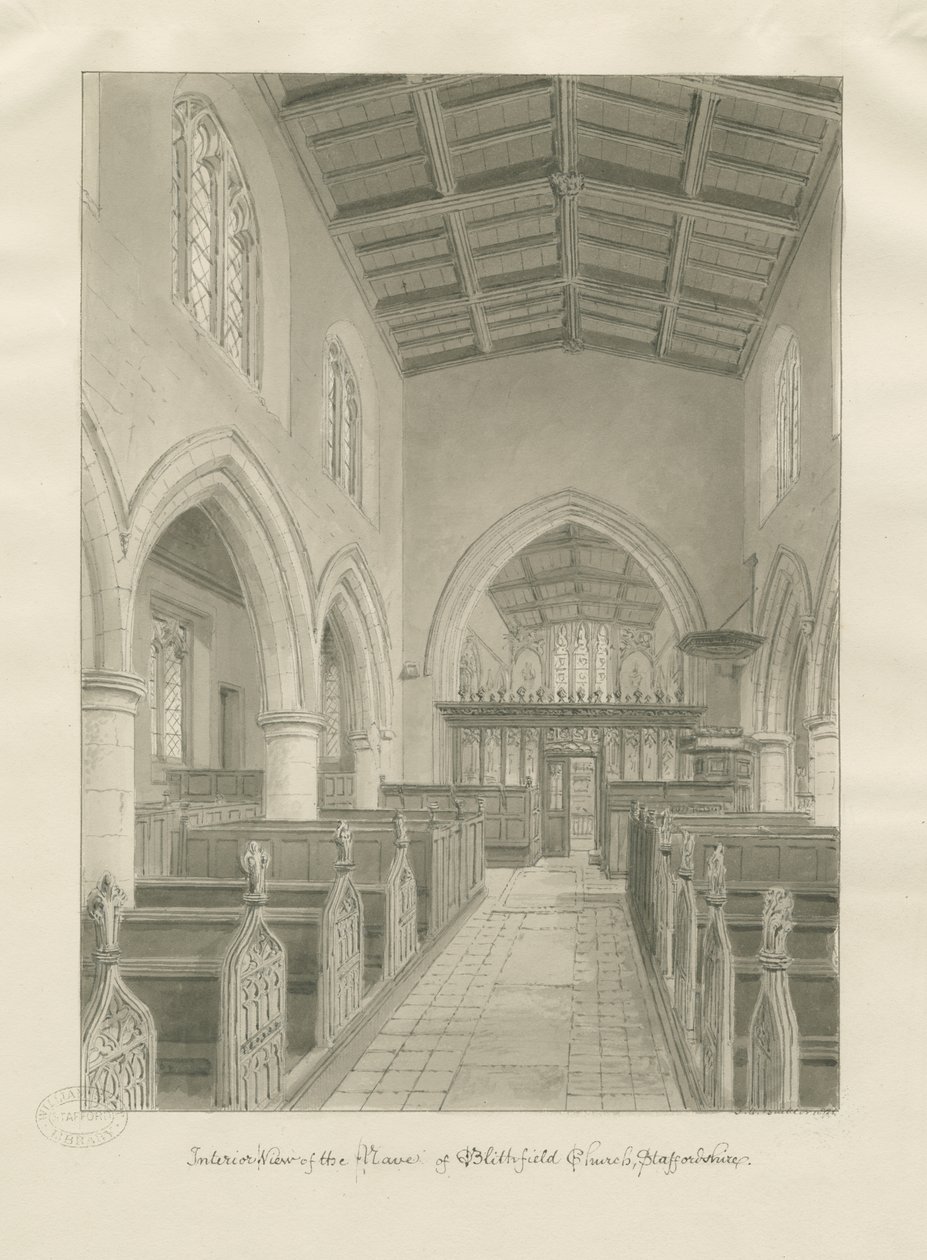 Interieur van Blithfield Kerk door John Chessell Buckler