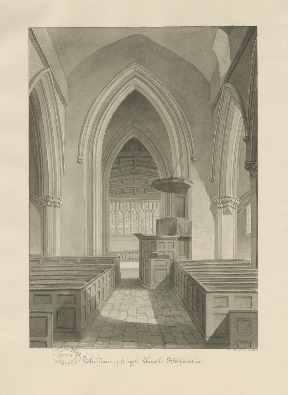 Interieur van Leigh Church: sepia tekening door John Chessell Buckler