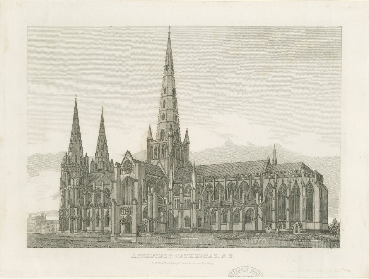 Lichfield Kathedraal - Zuidoostaanzicht: gravure door John Chessell Buckler