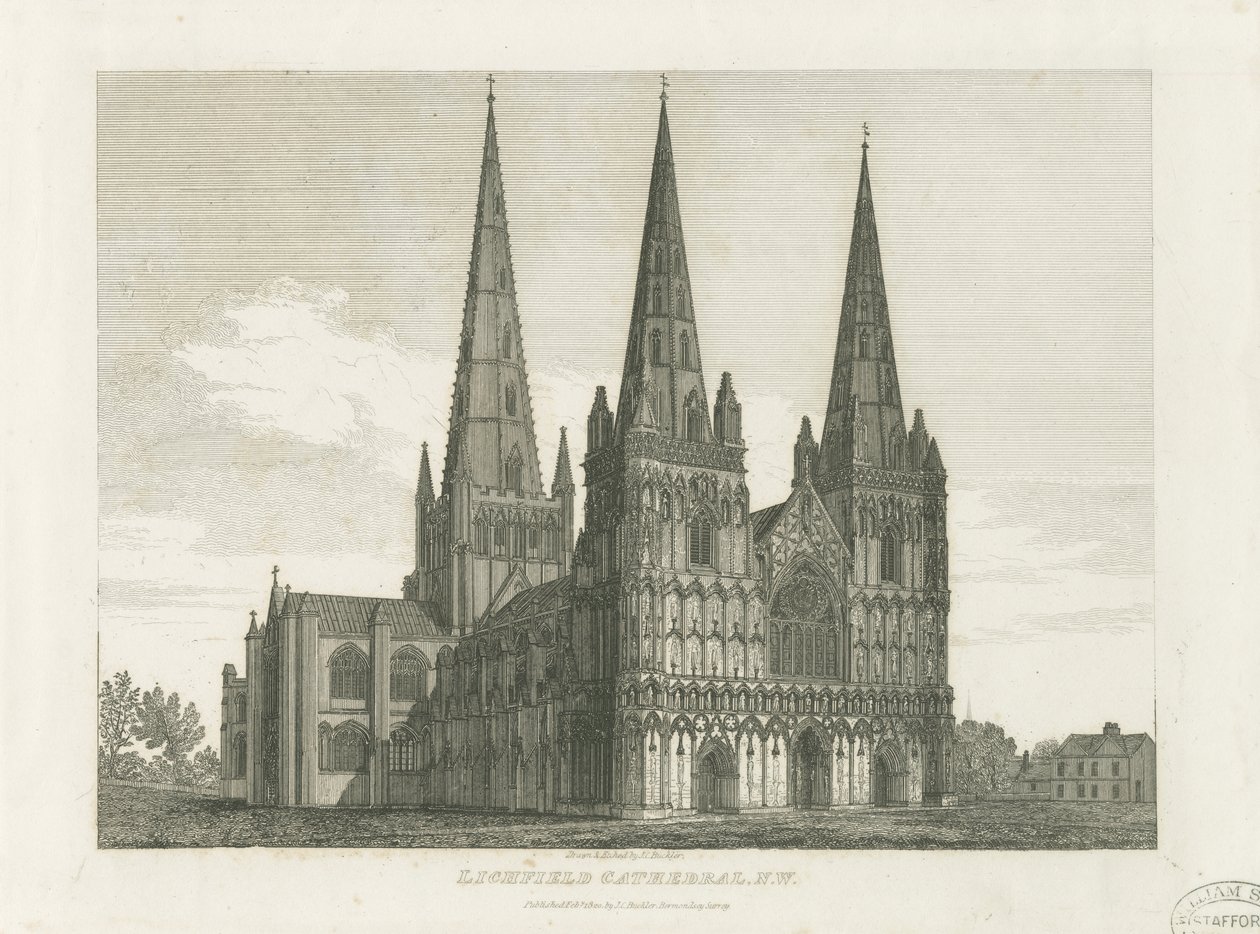 Lichfield Cathedral - Westgevel: gravure, nd [c 1820] door John Chessell Buckler