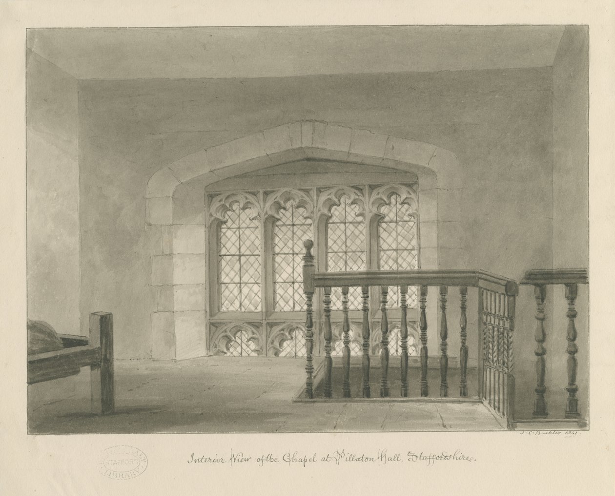Pillaton Hall - Interieur van Kapel: sepia tekening, 1841 door John Chessell Buckler