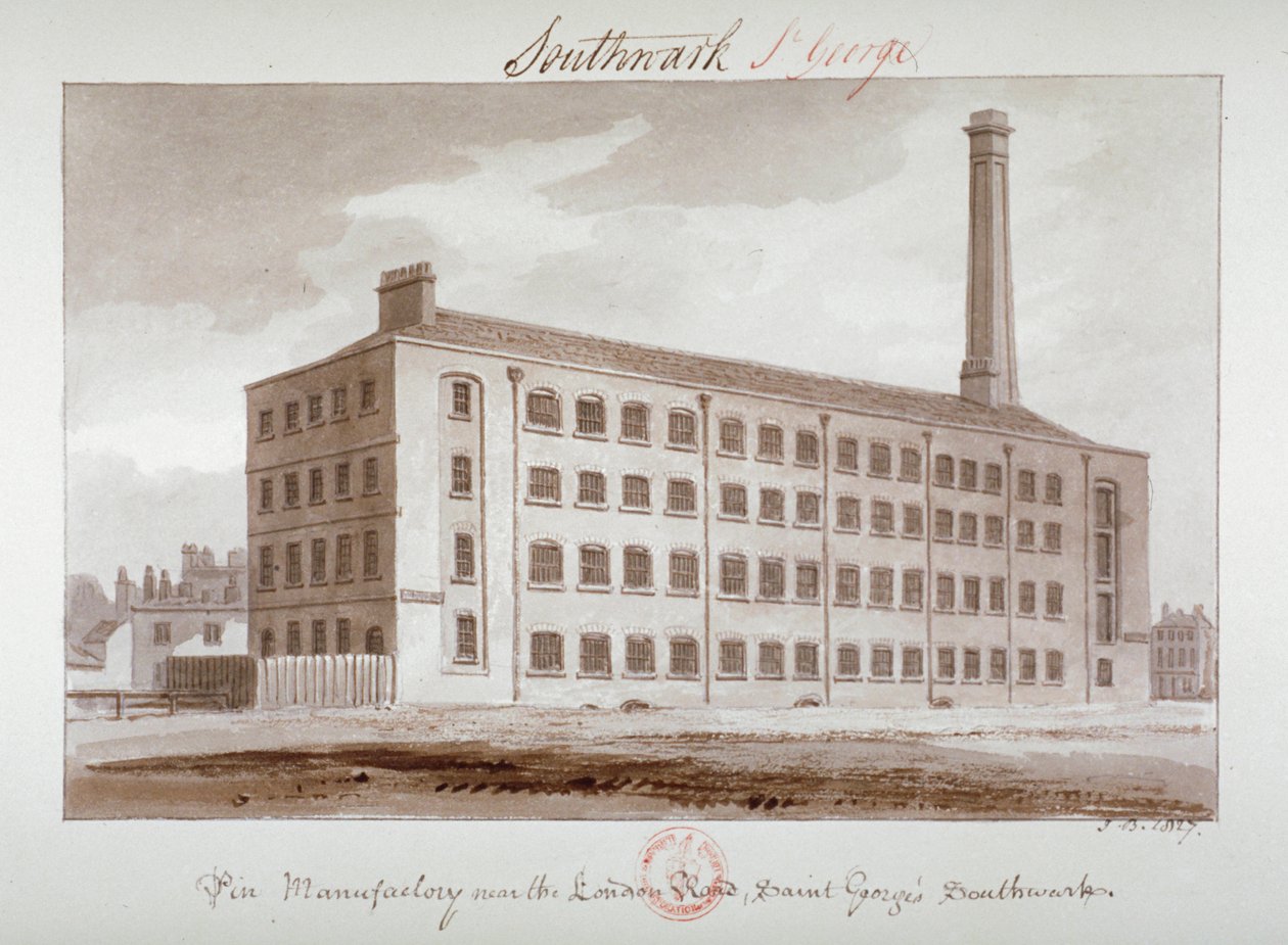 Speldenfabriek bij London Road, Southwark, Londen, 1827 door John Chessell Buckler
