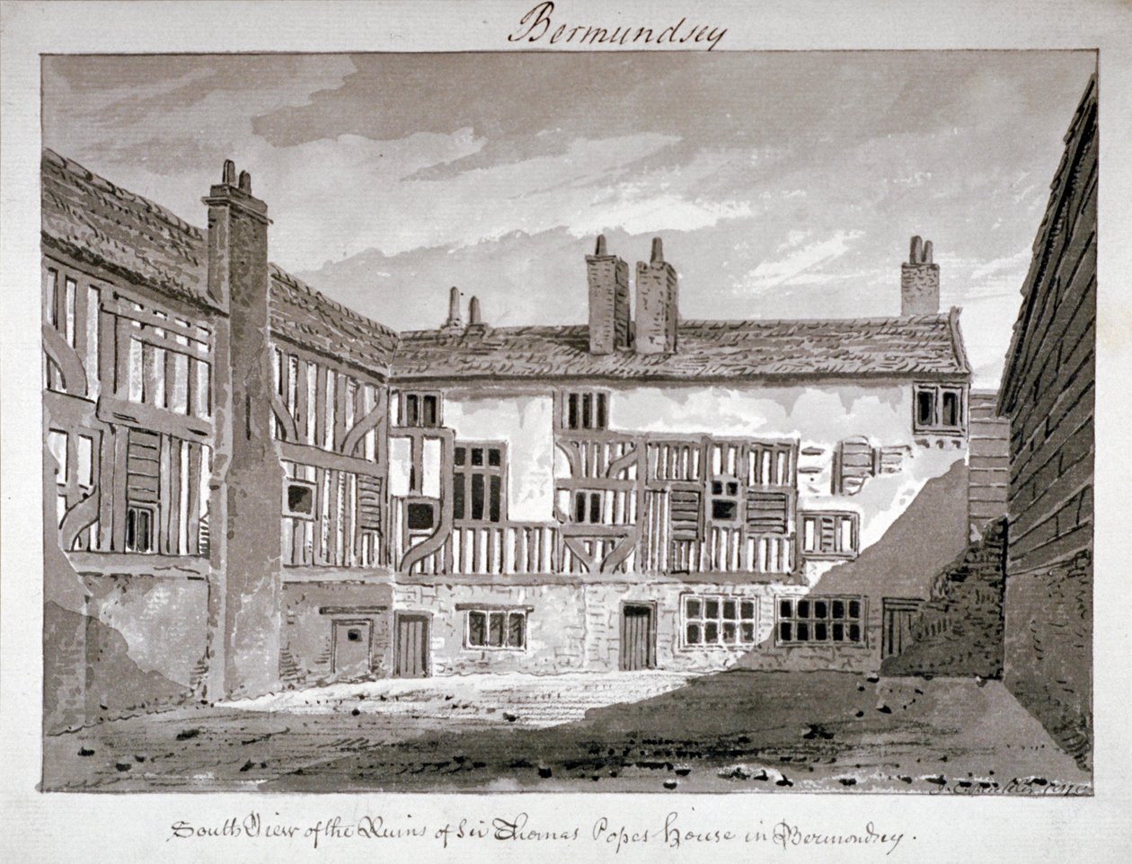 Zuidelijk uitzicht op de resten van het huis van Thomas Pope, Mill Lane, Bermondsey, Londen, 1808 door John Chessell Buckler
