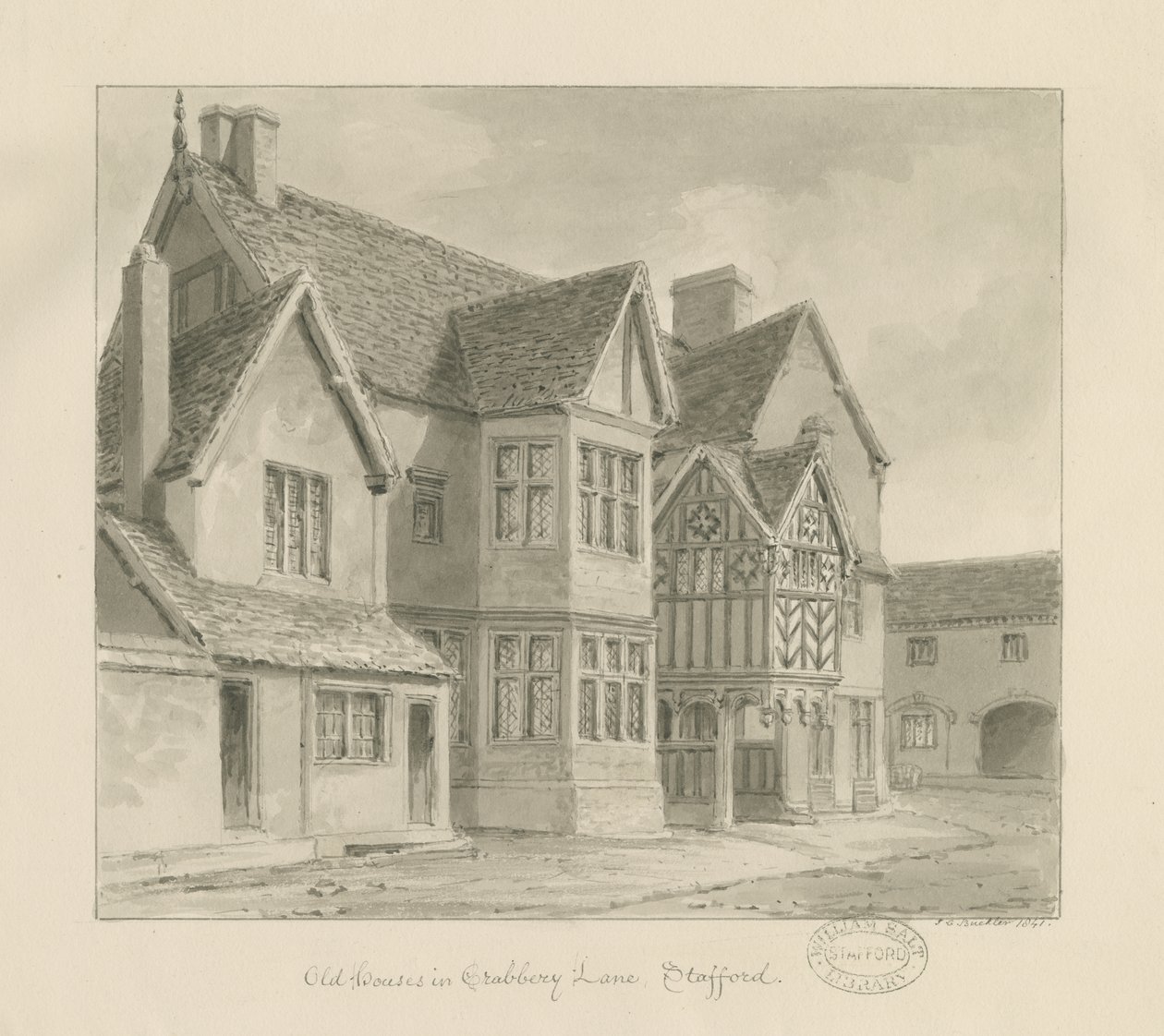 Stafford - Oude Huizen in Crabbery Lane door John Chessell Buckler