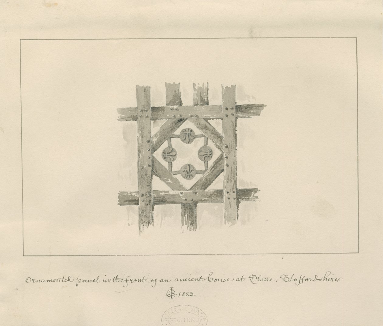 Steen - Sierpaneel op een oud huis: sepia was tekening door John Chessell Buckler