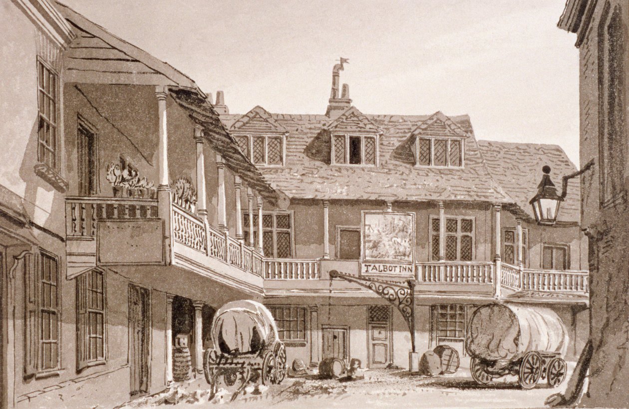 The Tabard Inn aan Borough High Street, Southwark, Londen, 1827 door John Chessell Buckler