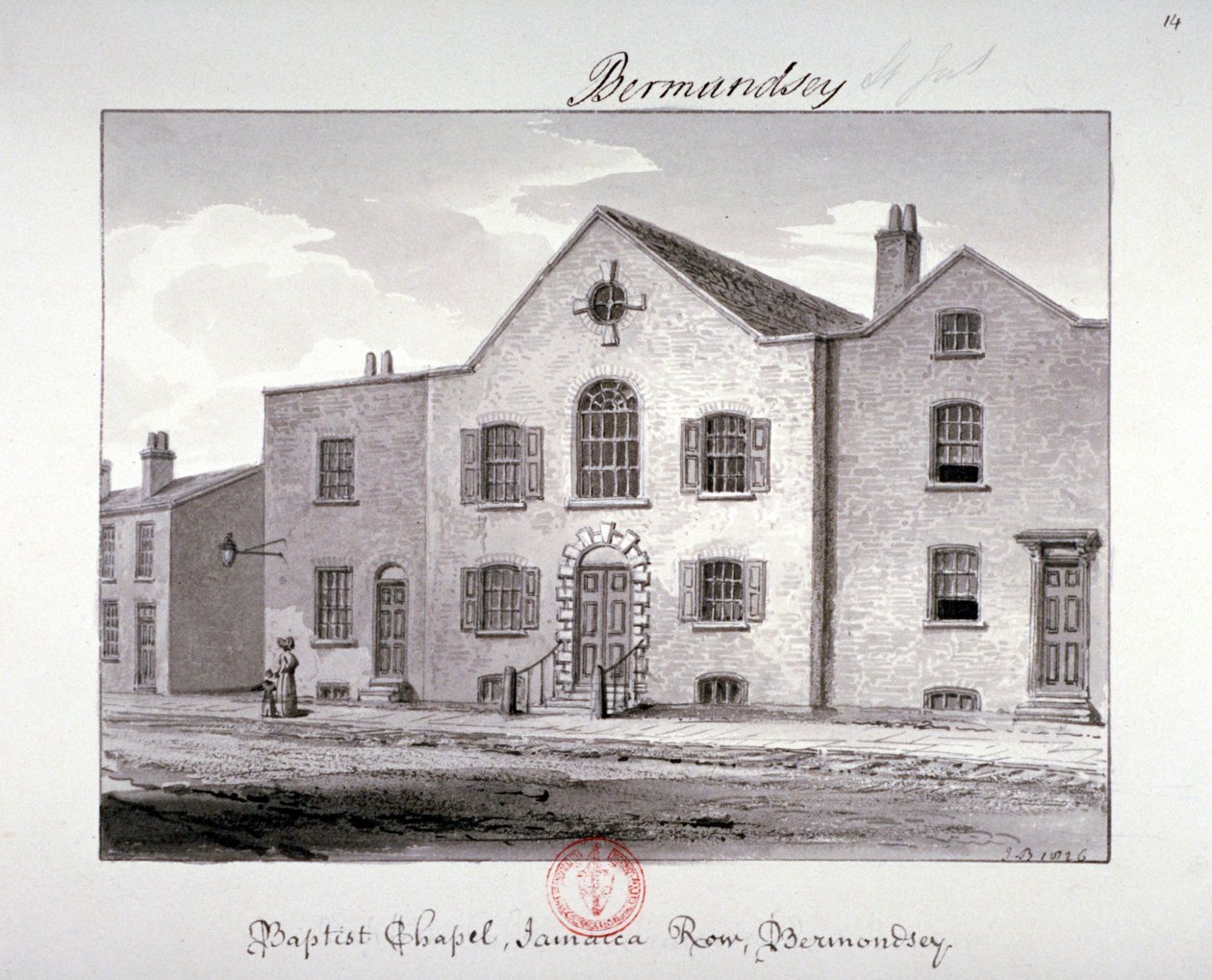 Uitzicht op de Baptistenkapel aan Jamaica Row, Bermondsey, Londen door John Chessell Buckler