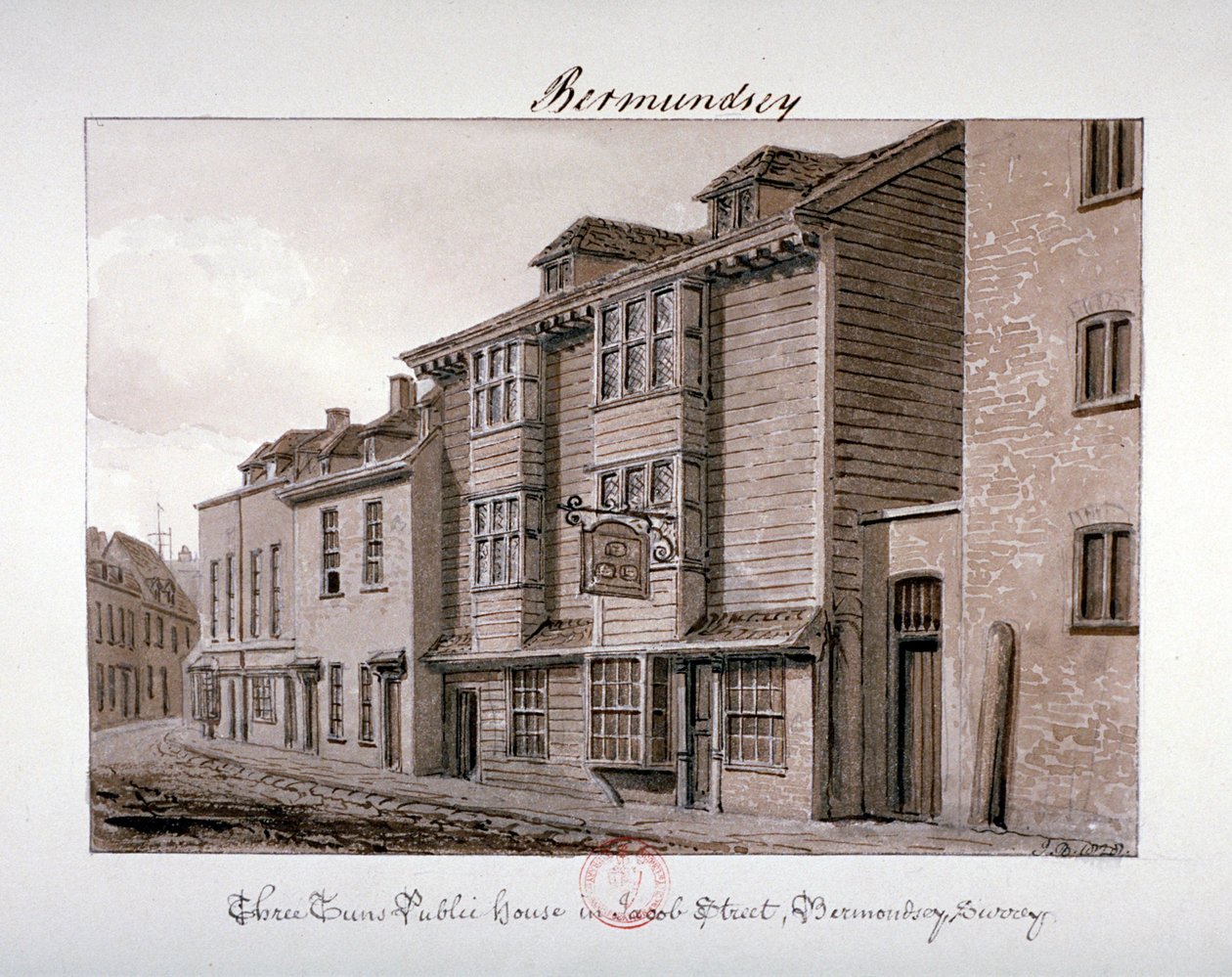 Uitzicht op het Drie Tuns Café aan Jacob Street, Bermondsey, Londen door John Chessell Buckler