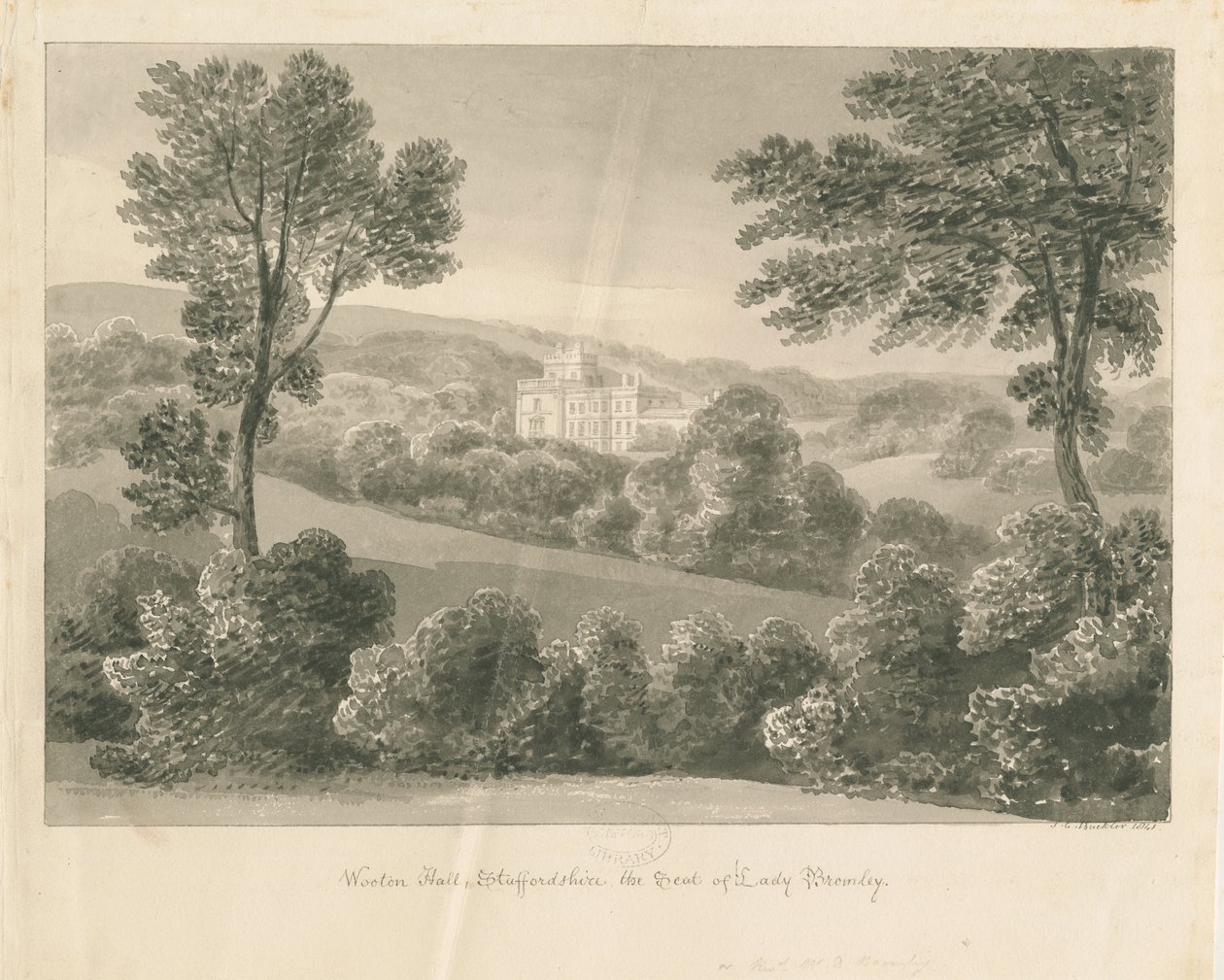Wootton Lodge: sepia tekening, 1841 door John Chessell Buckler