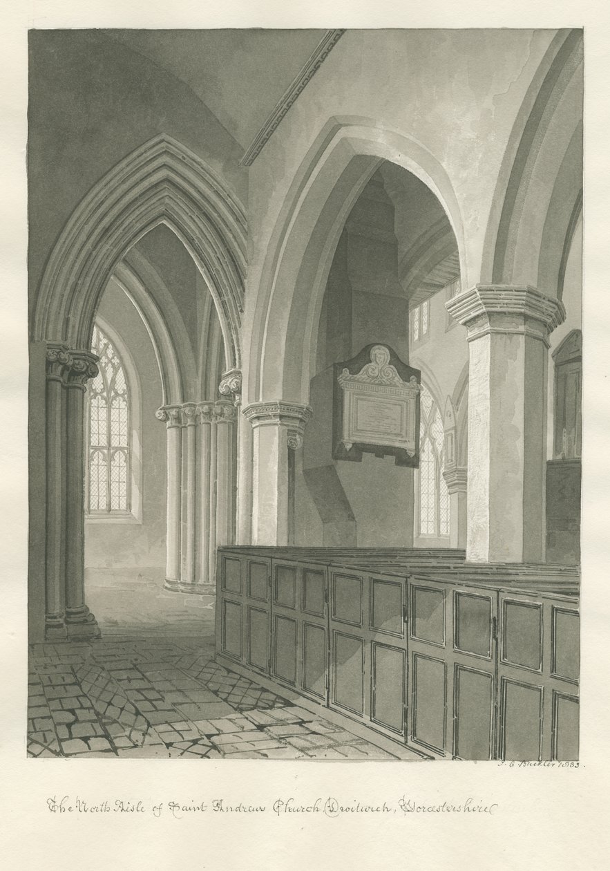 Worcestershire - Droitwich - Interieur van de Sint-Andreaskerk: sepia tekening door John Chessell Buckler
