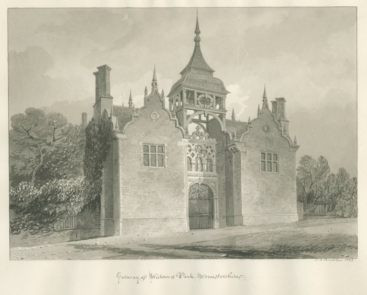 Worcestershire - Westwood Park - Ingangspoort: sepia tekening, 1833 door John Chessell Buckler