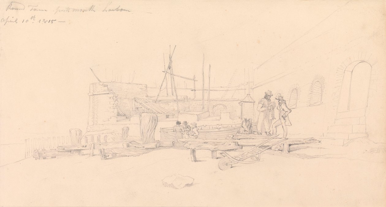 Tekening van Round Tower, haven van Portsmouth door John Christian Schetky