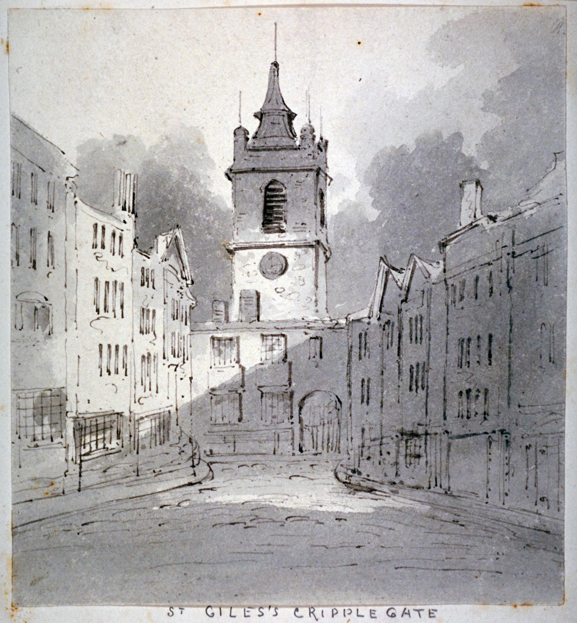 Kerk van St Giles zonder Cripplegate vanaf Fore Street, City of London, 1790 door John Claude Nattes