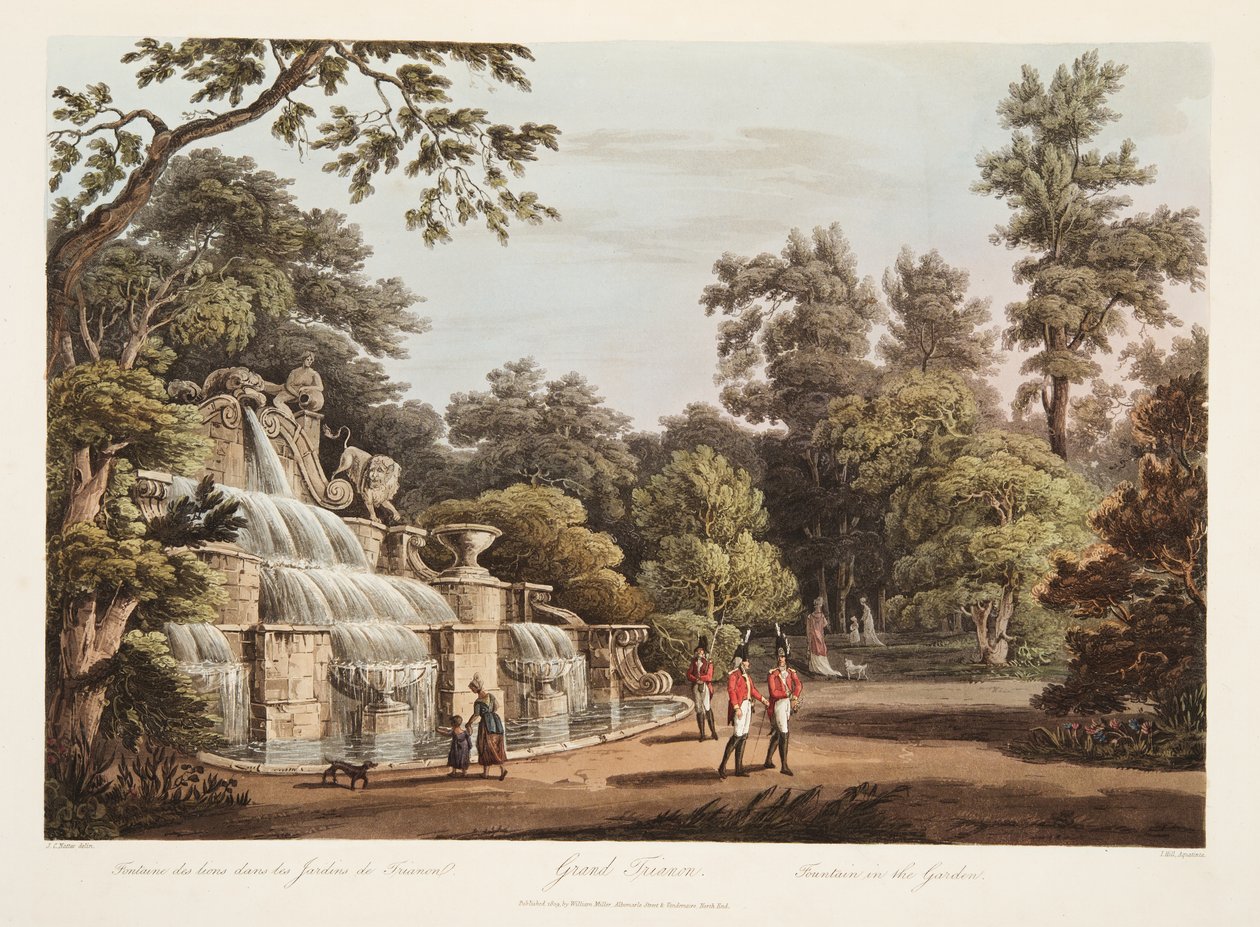 Grand Trianon, fontein in de tuin, illustratie uit Versailles, Parijs en Saint Denis, uitgegeven 1805 door John Claude Nattes