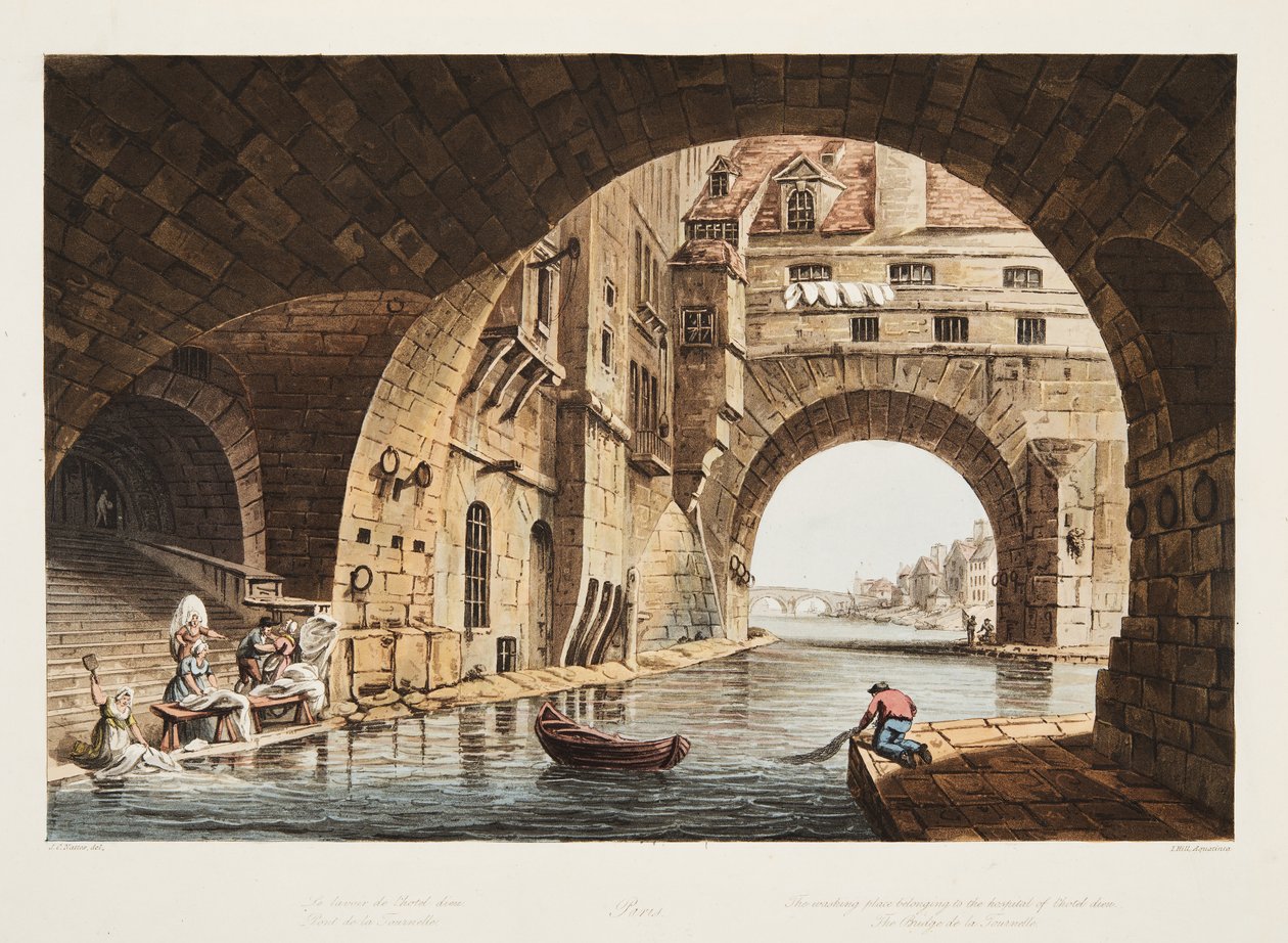 De wasplaats behorend bij het ziekenhuis van het Hotel-Dieu en de brug de la Tournelle, illustratie uit Versailles, Parijs en Saint Denis, uitgegeven 1805 door John Claude Nattes