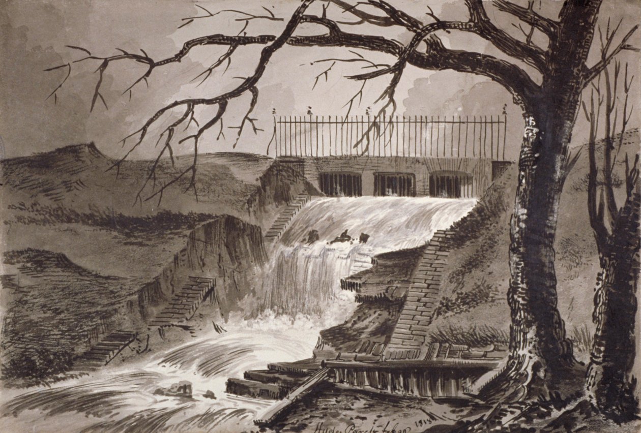Uitzicht op de uitlaat van de Serpentine, Hyde Park, Londen, 1818 door John Claude Nattes