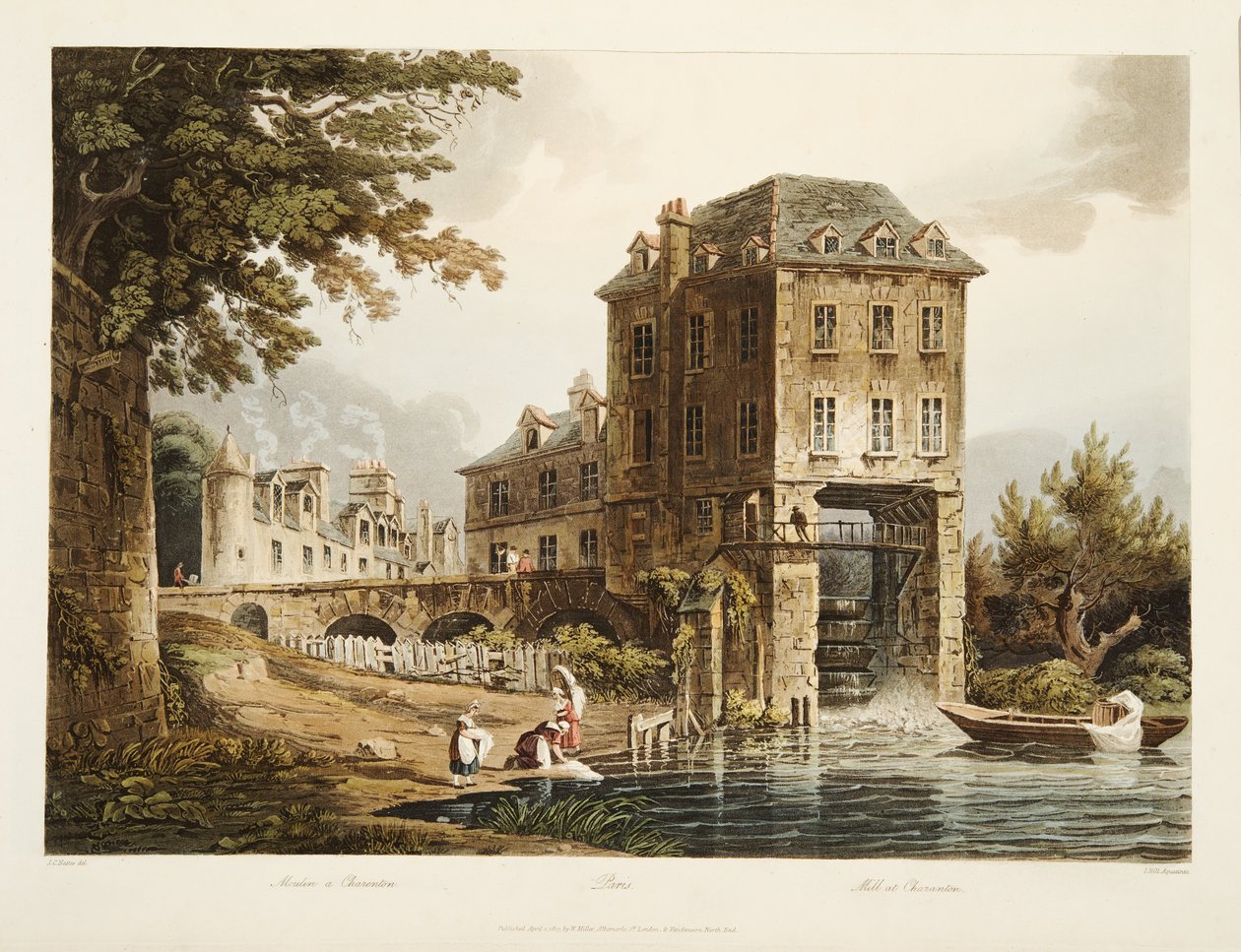 Molen bij Charenton, illustratie uit Versailles, Parijs en Saint Denis, uitgegeven 1807 (aquatint) door John Claude after Nattes