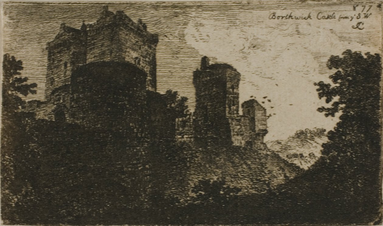 Borthwick Castle vanuit het zuidwesten door John Clerk of Eldin