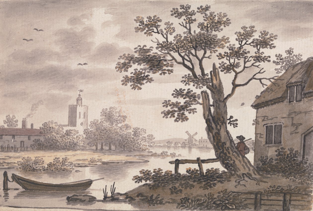 Rivierscène met Kerk, Huisje en Windmolen door John Collet