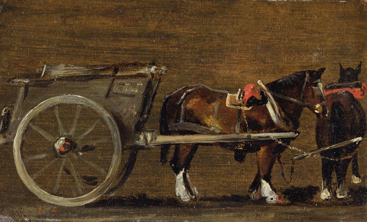 Een Boerenkar met twee Paarden in Harnas: Een Studie voor de Kar in 