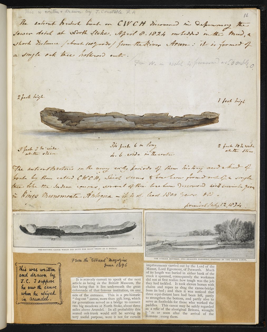 Oudheden: Tekening van oude Britse kano ontdekt (1824) in North Stoke door John Constable