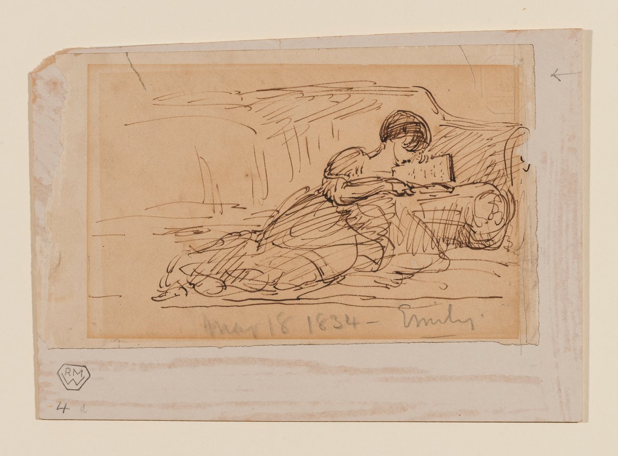 Dochter van de kunstenaar, Emily, liggend op een bank lezend, 18 mei 1834 door John Constable