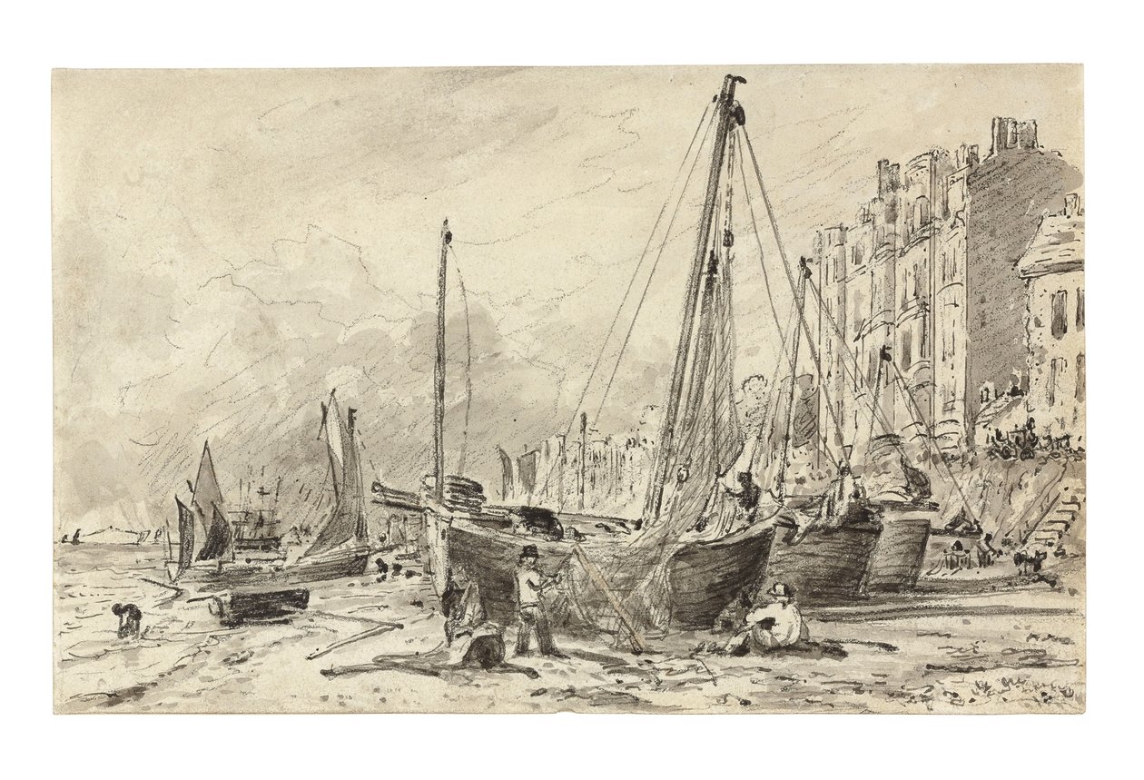 Gestrandde vissersboten met vissers die netten repareren op het strand van Brighton, kijkend naar het westen, ca. 1824-28 door John Constable