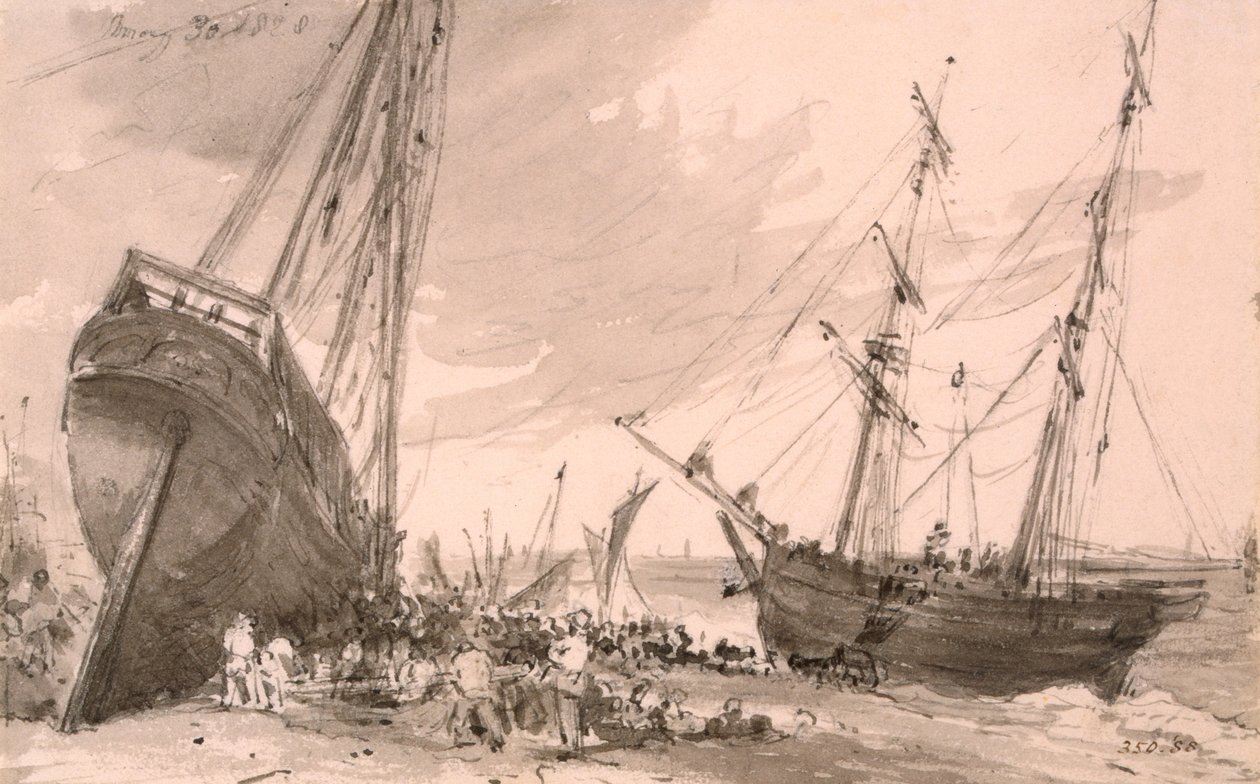 Kustscène van Brighton met twee schepen op de voorgrond, 30 mei 1828 door John Constable