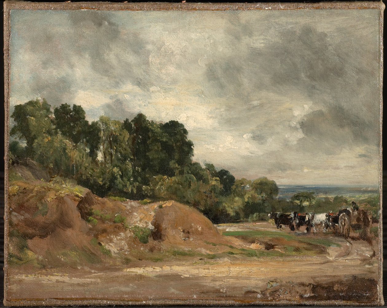 Zandbanken en een kar met paarden op Hampstead Heath door John Constable
