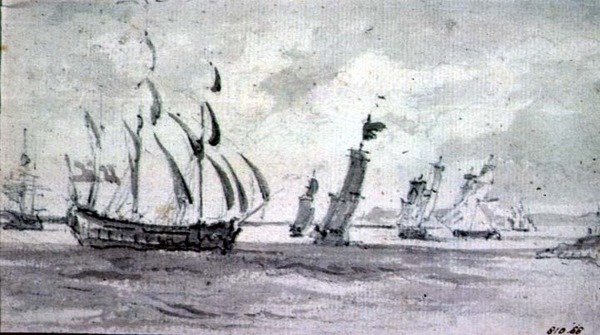 Schepen in een bries in de Theems of Medway door John Constable