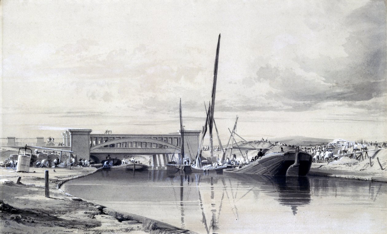 Brug over het Regents Canal, april 1837 door John Cooke Bourne