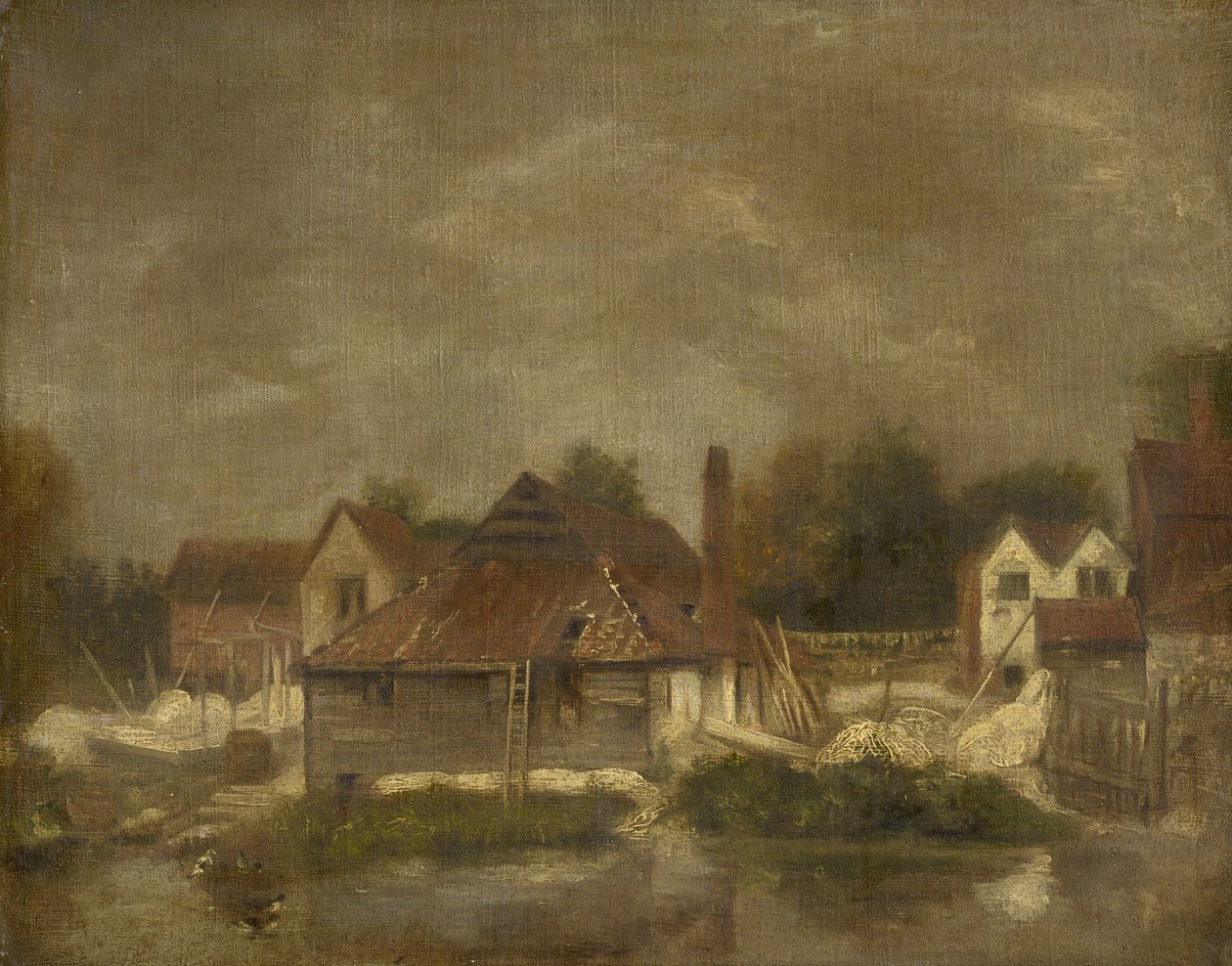 Schuren en oude huizen aan de Yare door John Crome