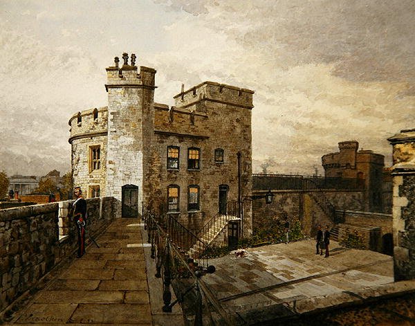 Uitzicht op Devereux Tower, Tower of London, met figuren in militaire kleding door John Crowther