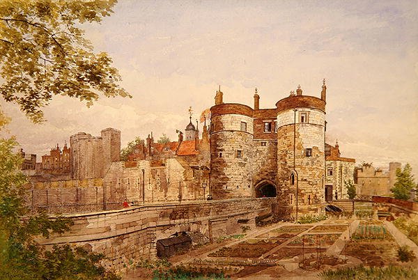 Uitzicht op de Tower of London, met Byward Tower, Beauchamp Tower, Devereux Tower en St. Thomas Tower door John Crowther