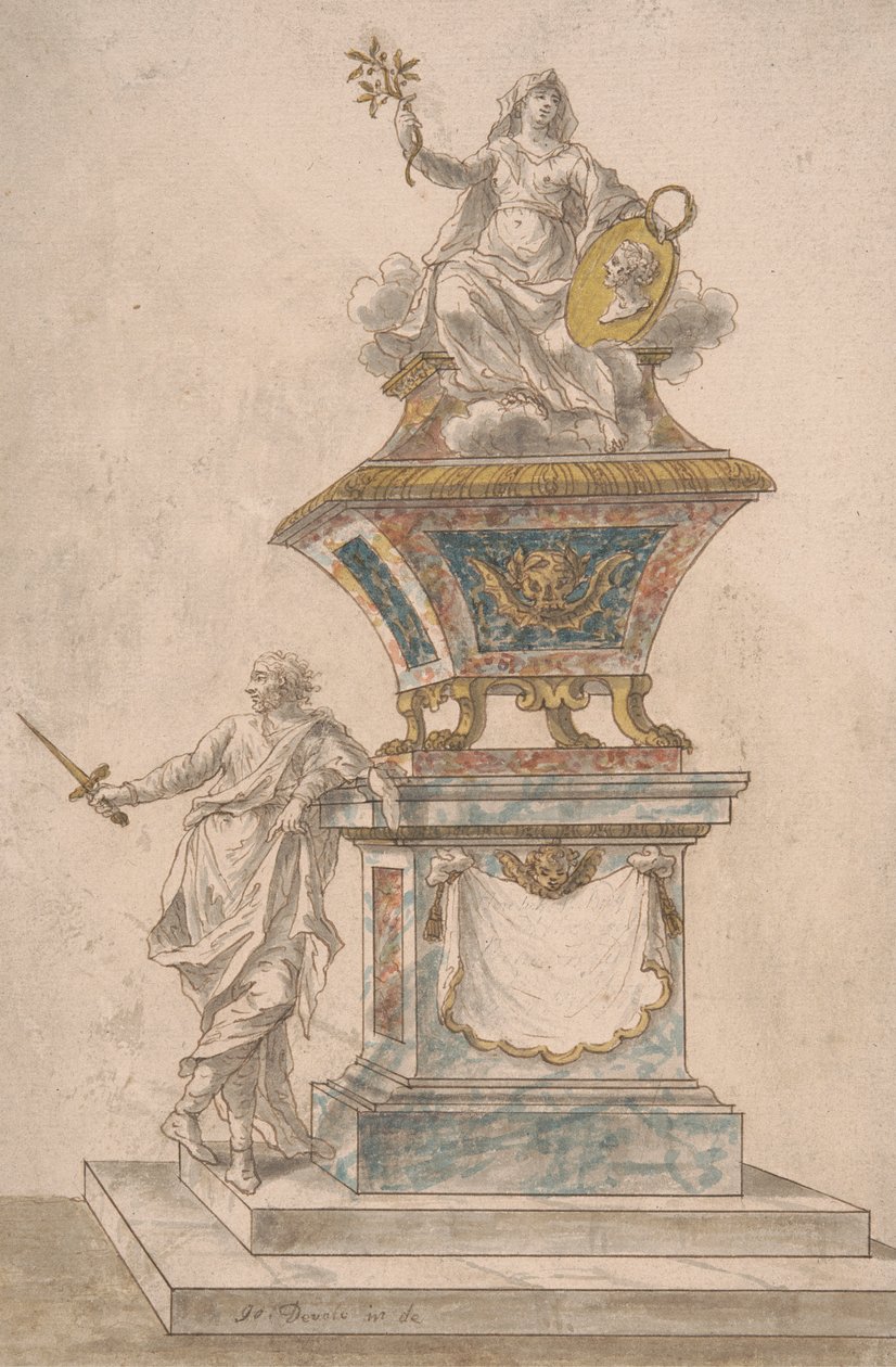 Monument: Vrede zittend op een urn, een man met getrokken zwaard staand op de basis van het monument door John Devoto