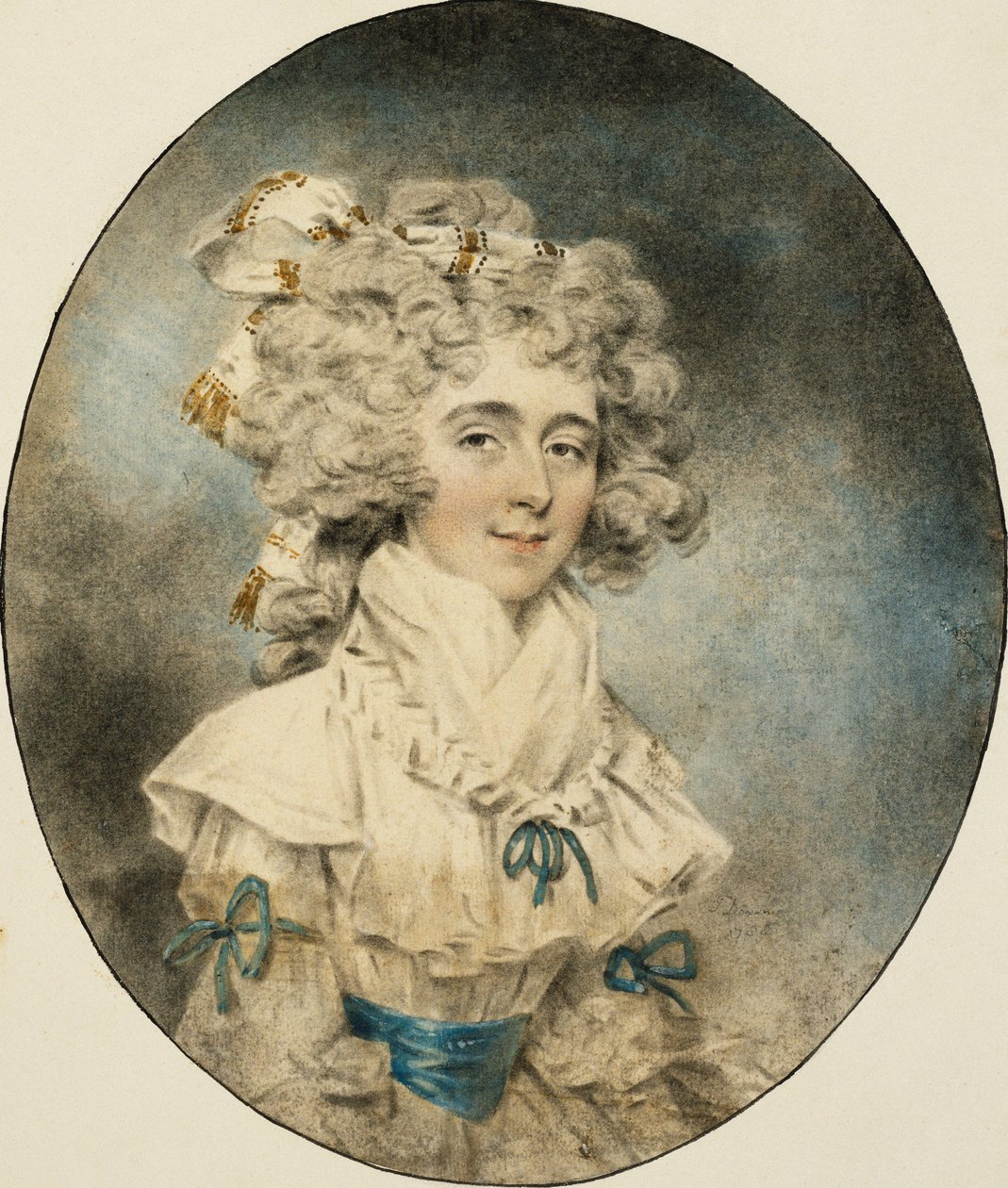 Portret van mevrouw Fisher, halve lengte, in een witte jurk versierd met blauwe linten, 1788 door John Dowman
