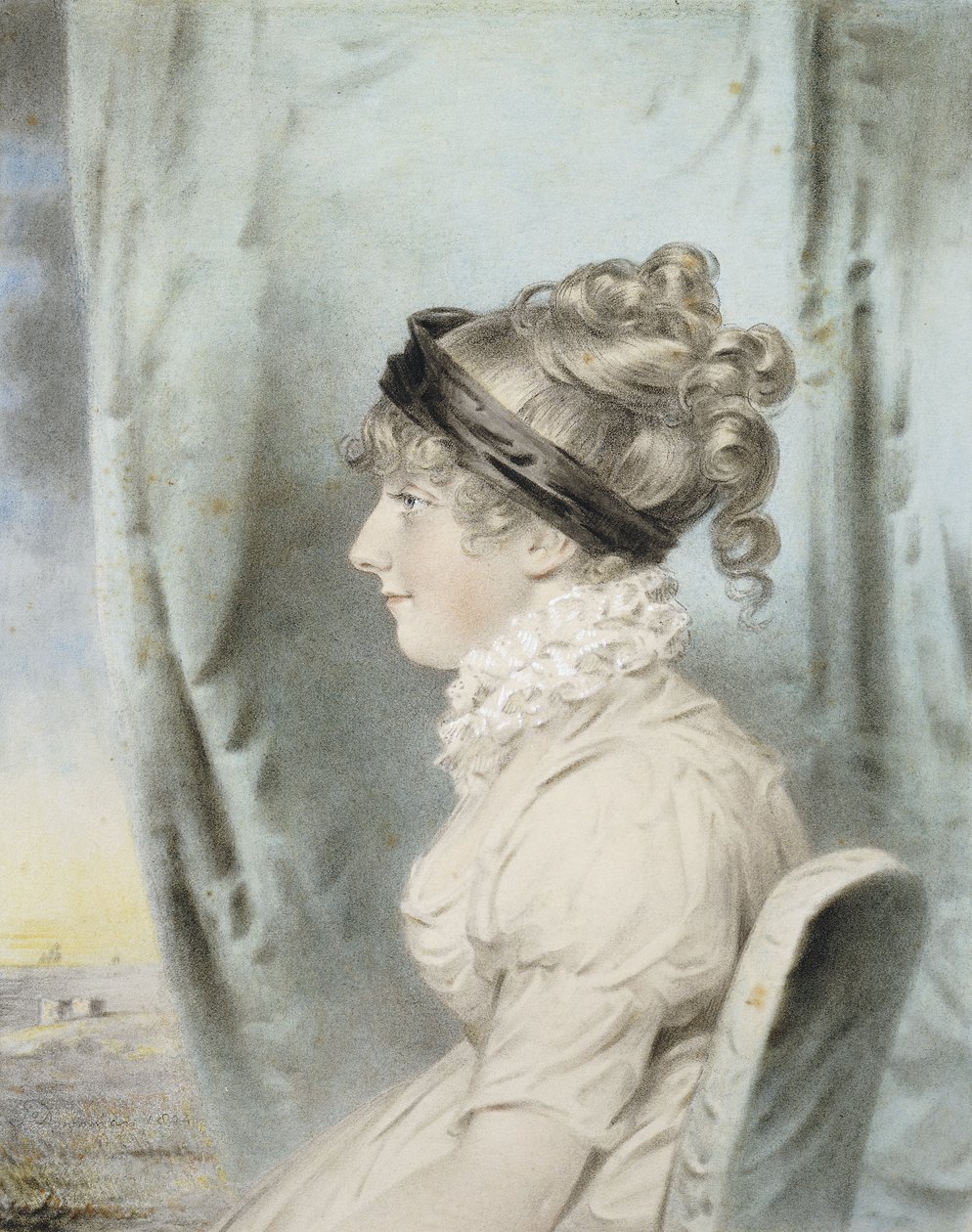 Portret van een Dame, Geïdentificeerd als Eliza Were Holdsworth, Zittend, Halflang, in Profiel naar Links, in een Witte Jurk en met een Zwarte Haarband, Naast Draperie, met een Uitzicht op de Kust, 1804 door John Dowman