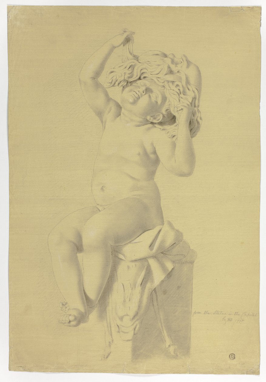 Antiek standbeeld van zittende putto met masker van Silenus door John Downman