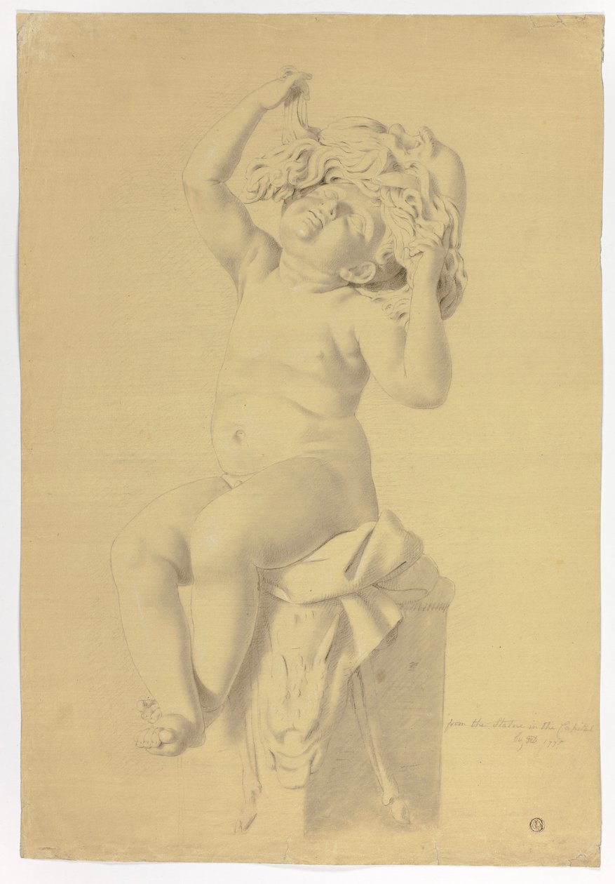 Antiek standbeeld van zittende putto met masker van Silenus door John Downman