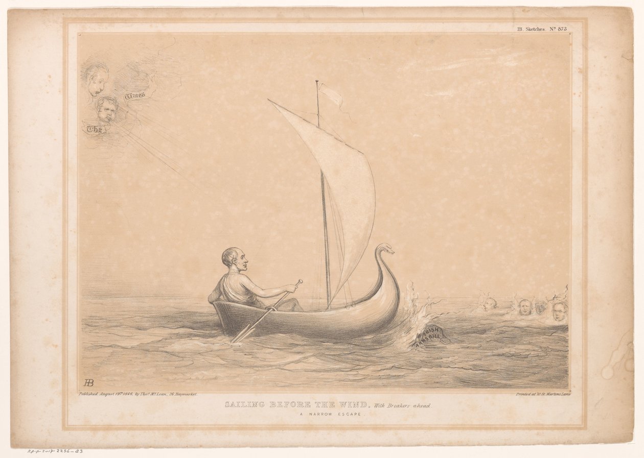 Spotprent met Lord Russell in een zeilbootje door John Doyle