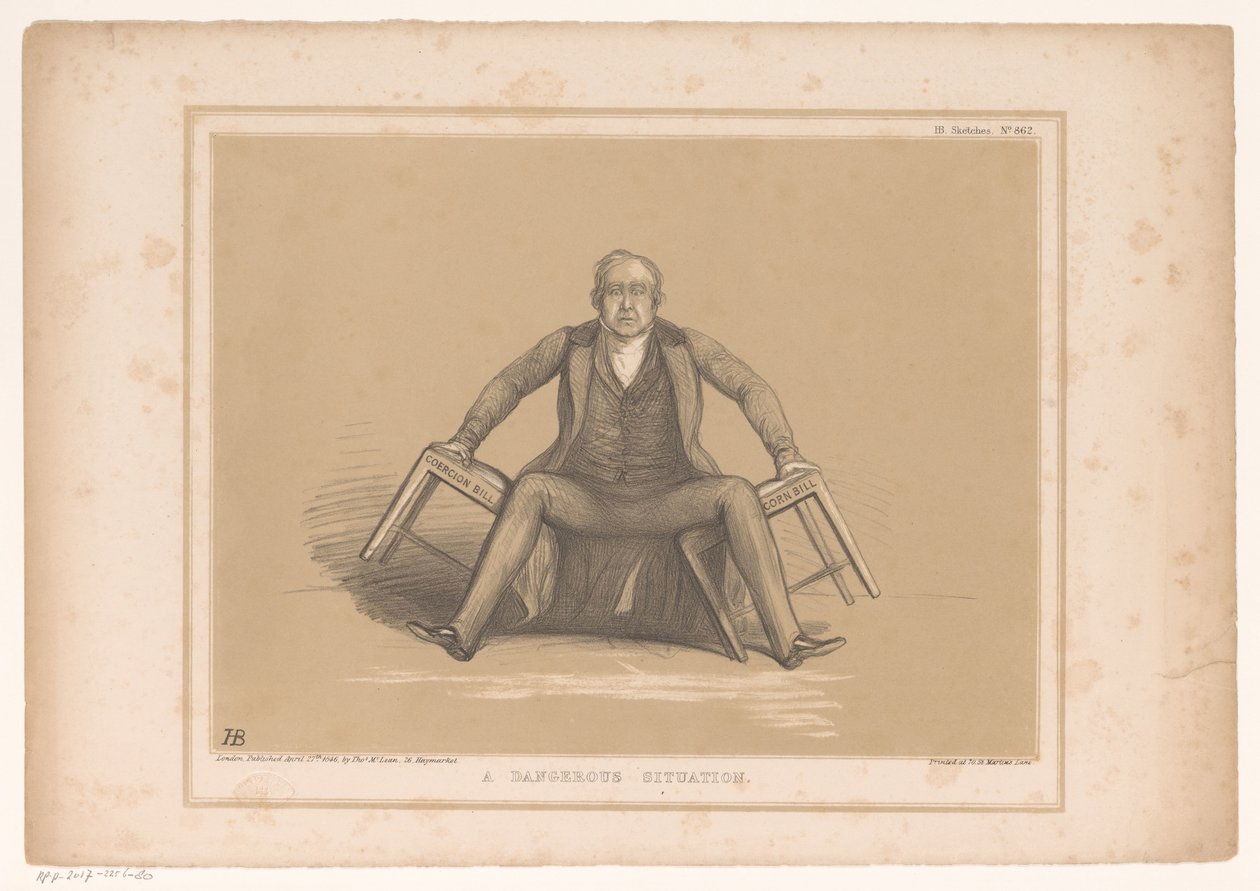 Spotprent met Robert Peel die tussen twee stoelen valt door John Doyle