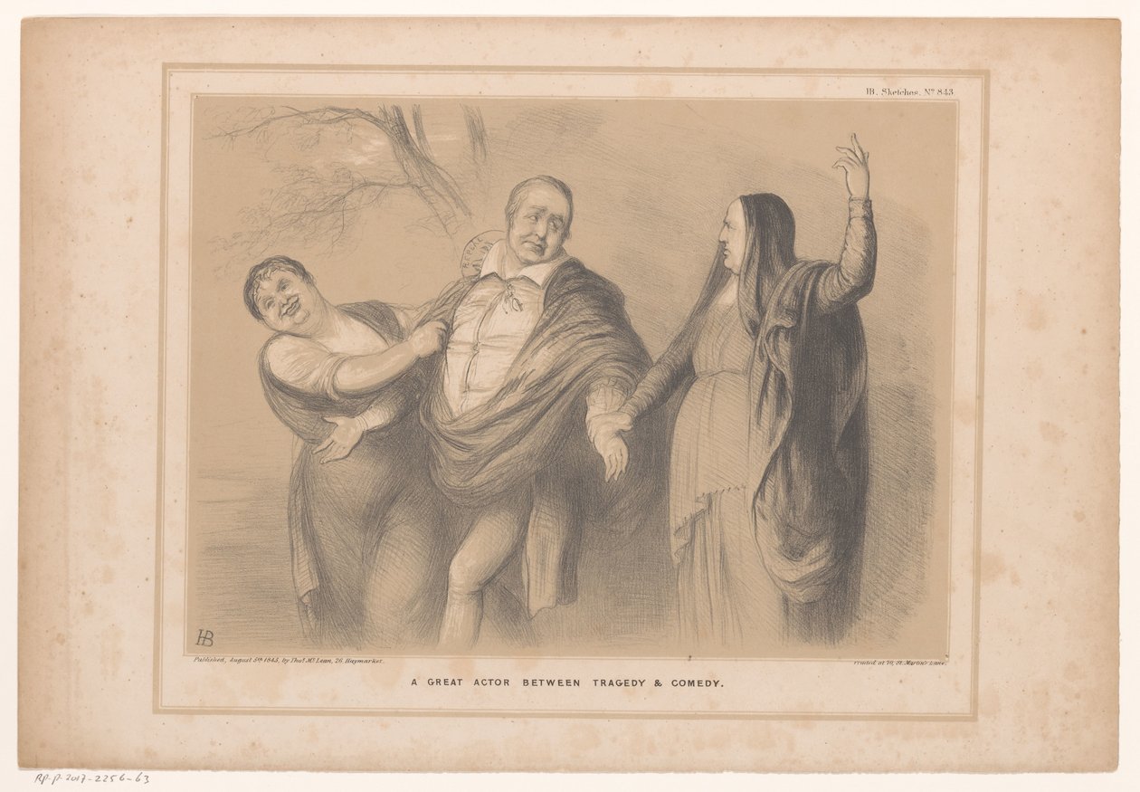 Spotprent met premier Peel tussen tragedie en komedie (title on object: A great actor between tragedy & comedy, series title: HB Sketches) door John Doyle