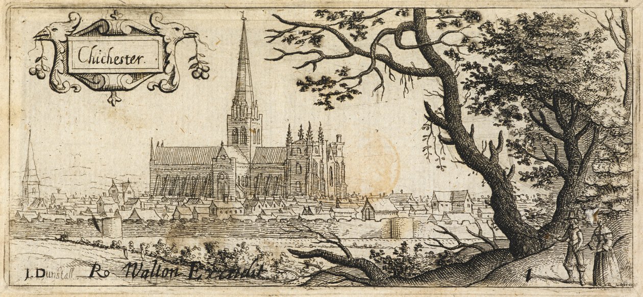 Twee figuren bij een grote boom rechts op de voorgrond; de stad Chichester in de verte; de stadsmuren door het tafereel; Chichester Cathedral in het midden, ca. 1660 (ets) door John Dunstall