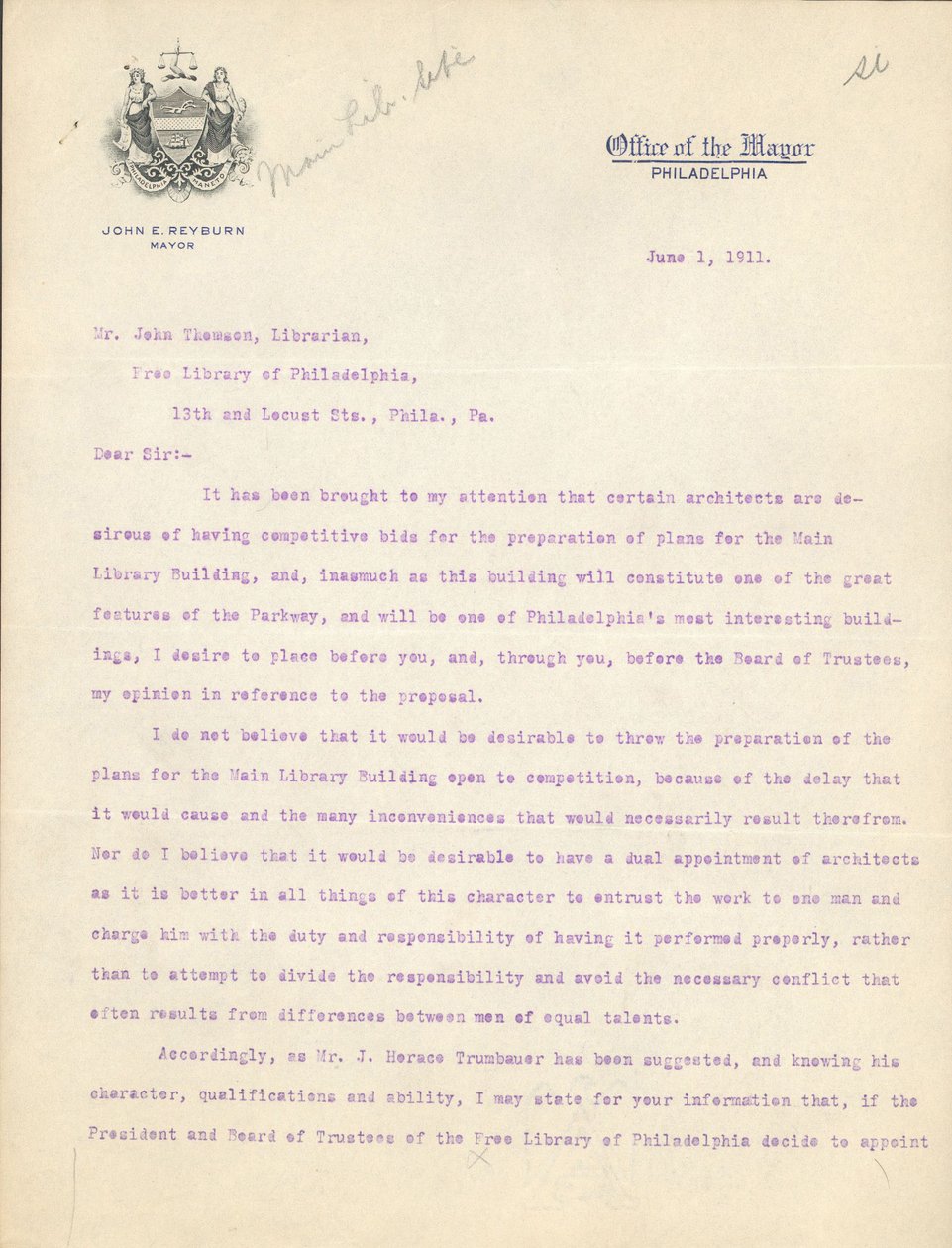 Brief van burgemeester John Reyburn aan bibliothecaris John Thomson waarin hij Horace Trumbauer goedkeurt als architect van het hoofdgebouw van de bibliotheek, 1 juni door John E. Reyburn