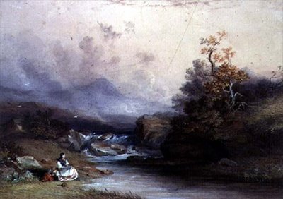 Uitzicht op een bergstroom, met twee vrouwelijke figuren, 19e eeuw door John Edmund Buckley