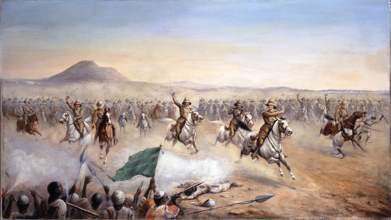 De aanval van de 21e Lancers bij Omdurman, 2 september 1898 (olie op doek) door John Edward Chapman Mathews