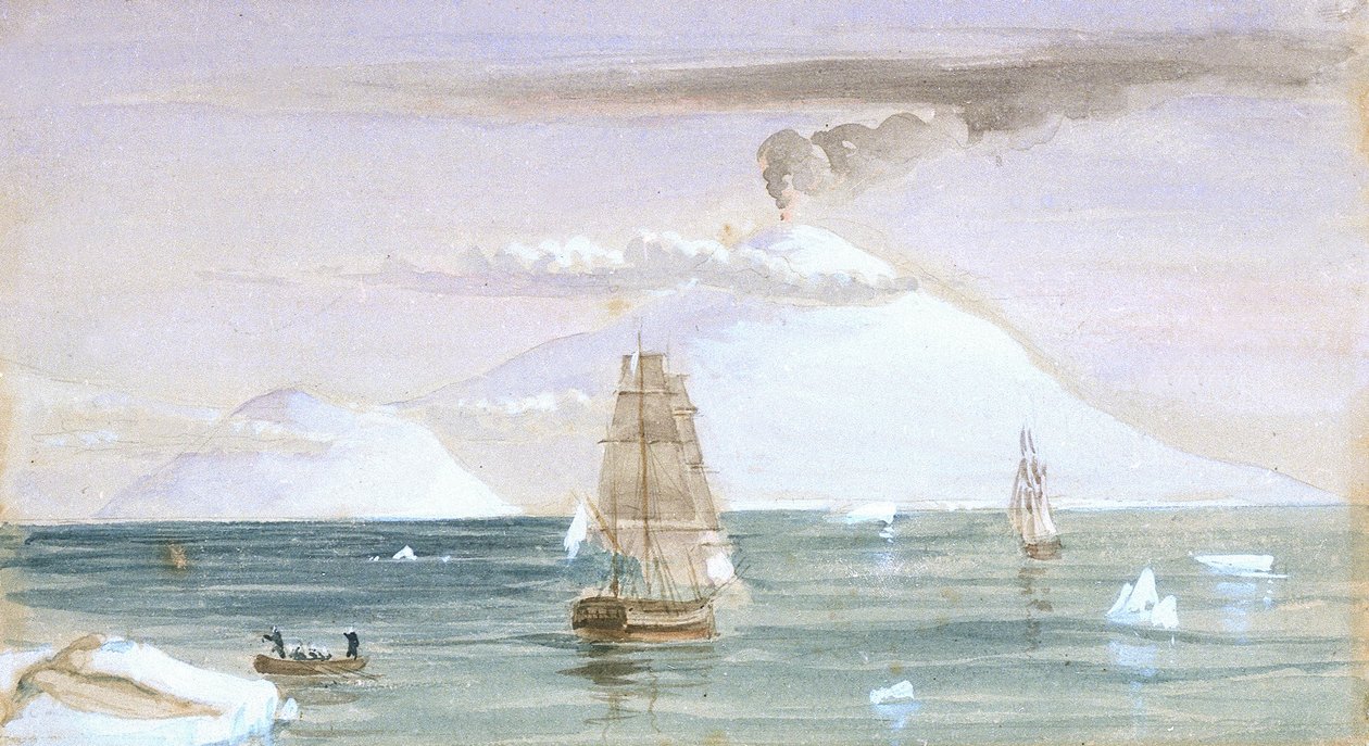 Beaufort Island en Mount Erebus. Ontdekt op 28 januari 1841 door John Edward Davis