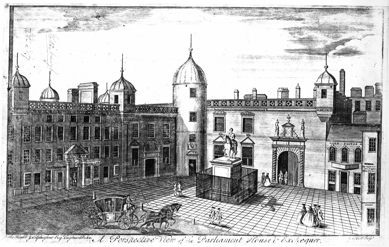 Een perspectiefweergave van het Parlementshuis en de Schatkist, Edinburgh, gegraveerd door A. Bell door John Elphinstone