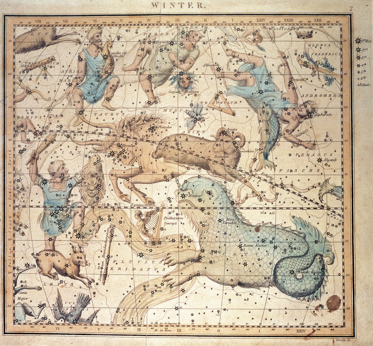 Hemelkaart: Winter, met Tekens van de Dierenriem en Posities van de Sterren (gravure) door John Emslie